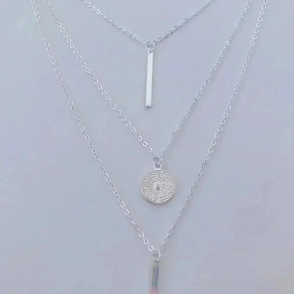 4 Layer Chain Simple Circle Bars Star Silver Fashion Statement Long Necklace NWT